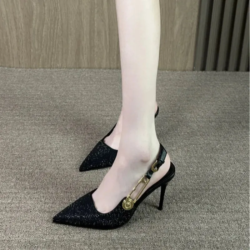 Sexy Black High Heel Shoes for Women  New Gold Buckle One line with Headband Sandals Summer 10CM Empty Single Shoes Free of Mail