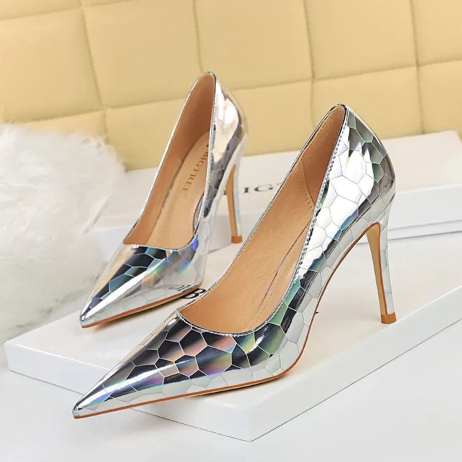 Shiny Silver Crocodile-Effect Pointed-Toe Stiletto Pumps – High Heel Shoes for Weddings & Parties