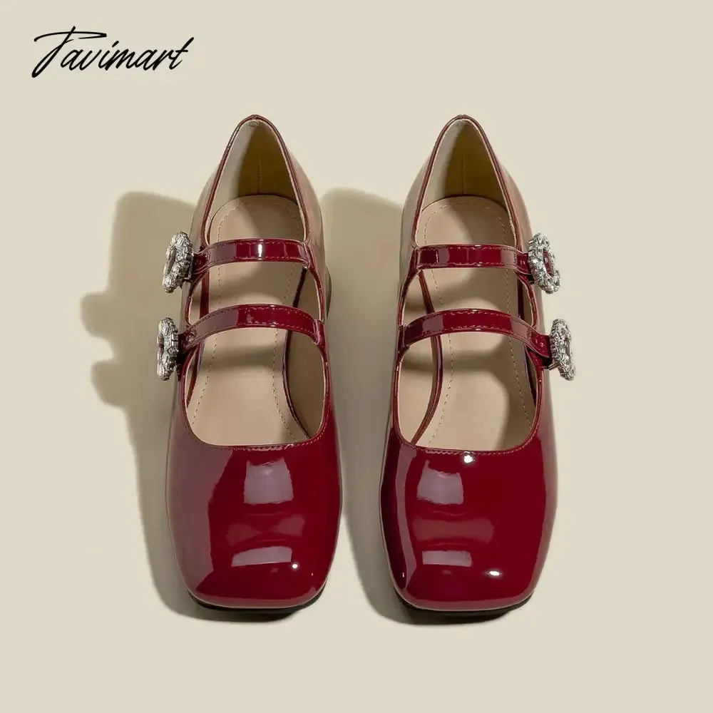 Tavimart 2024 New Spring Flats Fashion Mary Jane Shoes Square Toe Women's Shoes Retro Rhinestone Buckle PU Wine Red Women Pumps