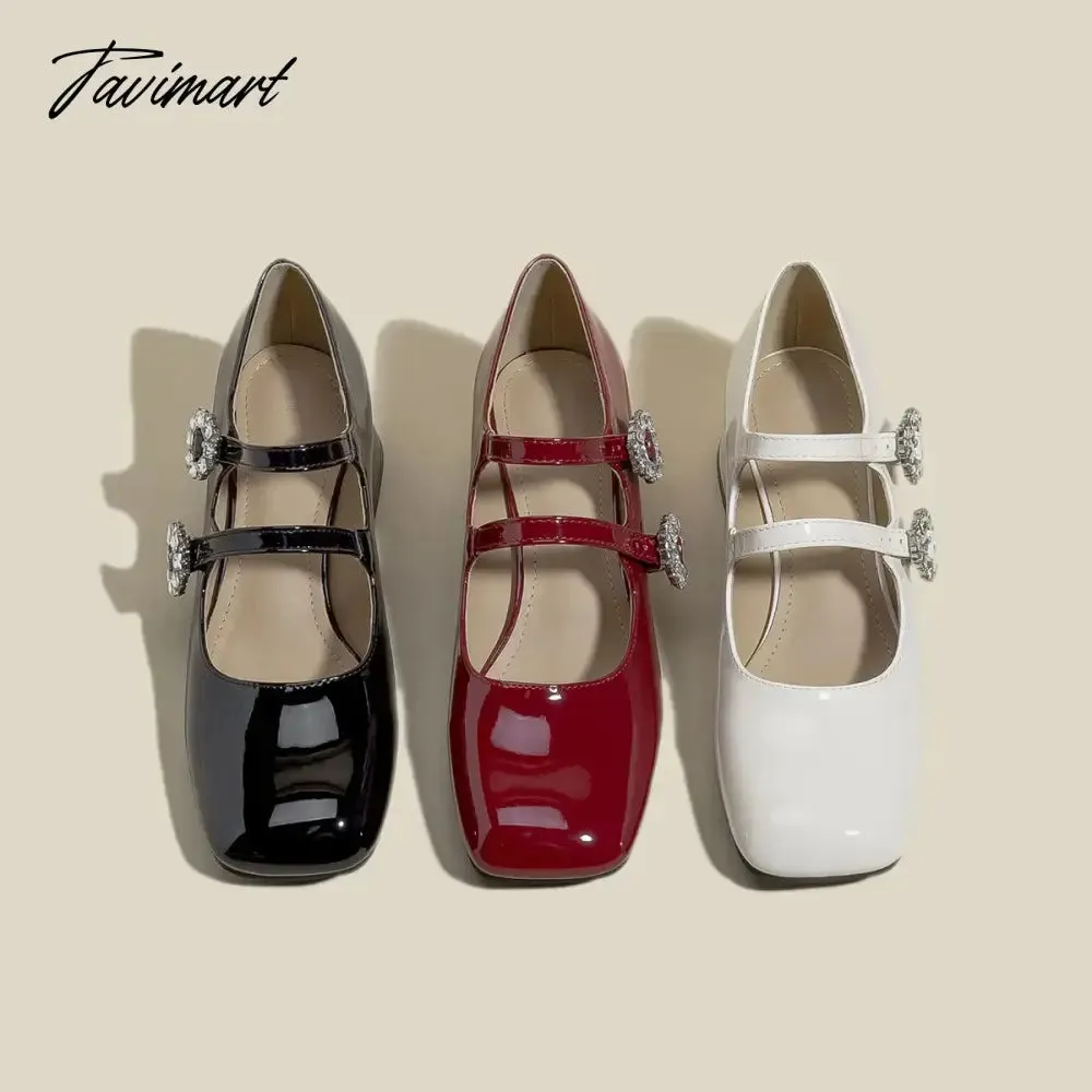 Tavimart 2024 New Spring Flats Fashion Mary Jane Shoes Square Toe Women's Shoes Retro Rhinestone Buckle PU Wine Red Women Pumps