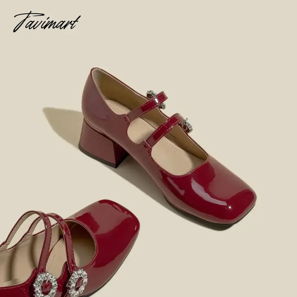 Tavimart 2024 New Spring Flats Fashion Mary Jane Shoes Square Toe Women's Shoes Retro Rhinestone Buckle PU Wine Red Women Pumps