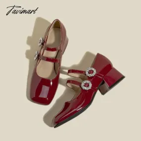 Tavimart 2024 New Spring Flats Fashion Mary Jane Shoes Square Toe Women's Shoes Retro Rhinestone Buckle PU Wine Red Women Pumps