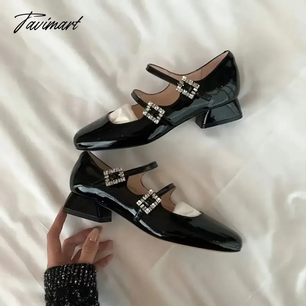 Tavimart 2024 New Spring Korea Flats Fashion Mary Jane Shoes Square Toe Women's Shoes Retro Rhinestone  Buckle PU Red Black Women Pumps