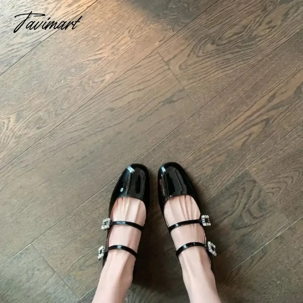 Tavimart 2024 New Spring Korea Flats Fashion Mary Jane Shoes Square Toe Women's Shoes Retro Rhinestone  Buckle PU Red Black Women Pumps