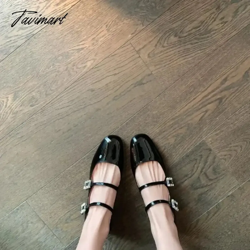 Tavimart New Spring Flats Fashion Mary Jane Shoes Square Toe Women's Shoes Retro Rhinestone Buckle PU Red Black Women Pumps