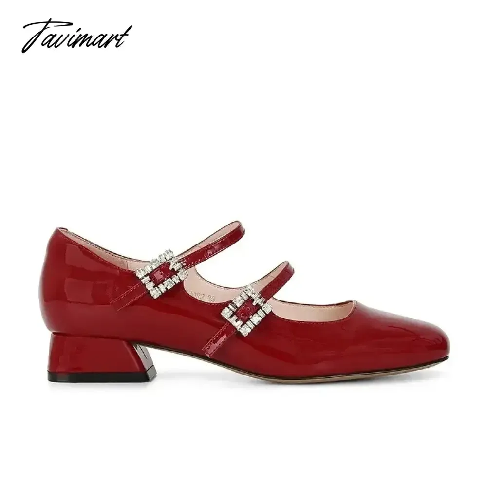 Tavimart New Spring Flats Fashion Mary Jane Shoes Square Toe Women's Shoes Retro Rhinestone Buckle PU Red Black Women Pumps