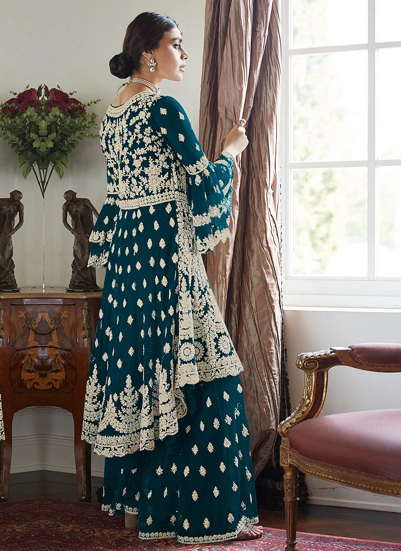 Turquoise Multi Embroidered Designer Sharara Suit