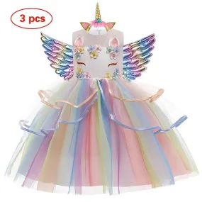 Unicorn Dream Princess Dress 1-12 years old Girl Rainbow Tulle Dress Carnival Birthday Banquet Halloween Stage Performance Costume