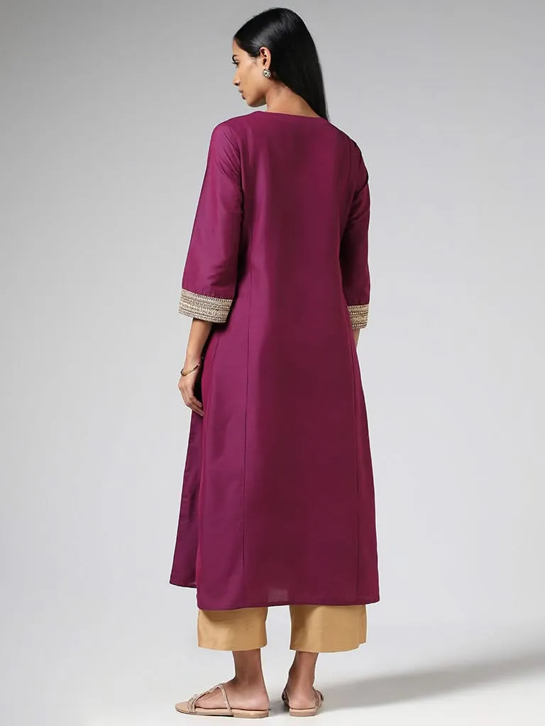 Utsa Plum Zari Embroidered Sleeves Buttoned Down Kurta