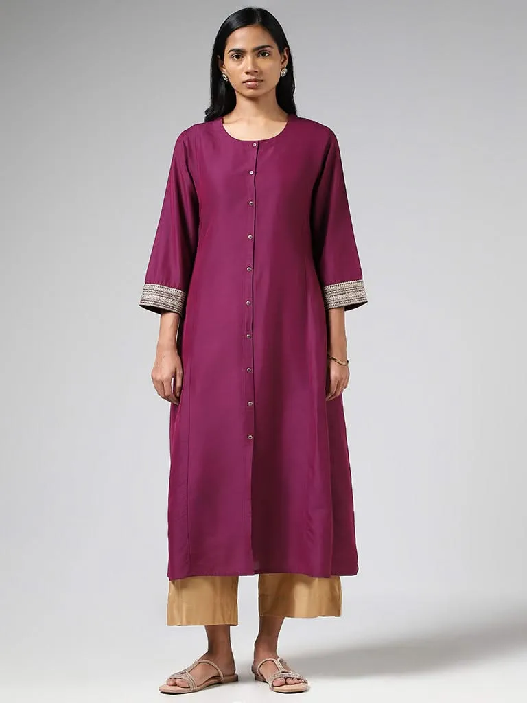 Utsa Plum Zari Embroidered Sleeves Buttoned Down Kurta