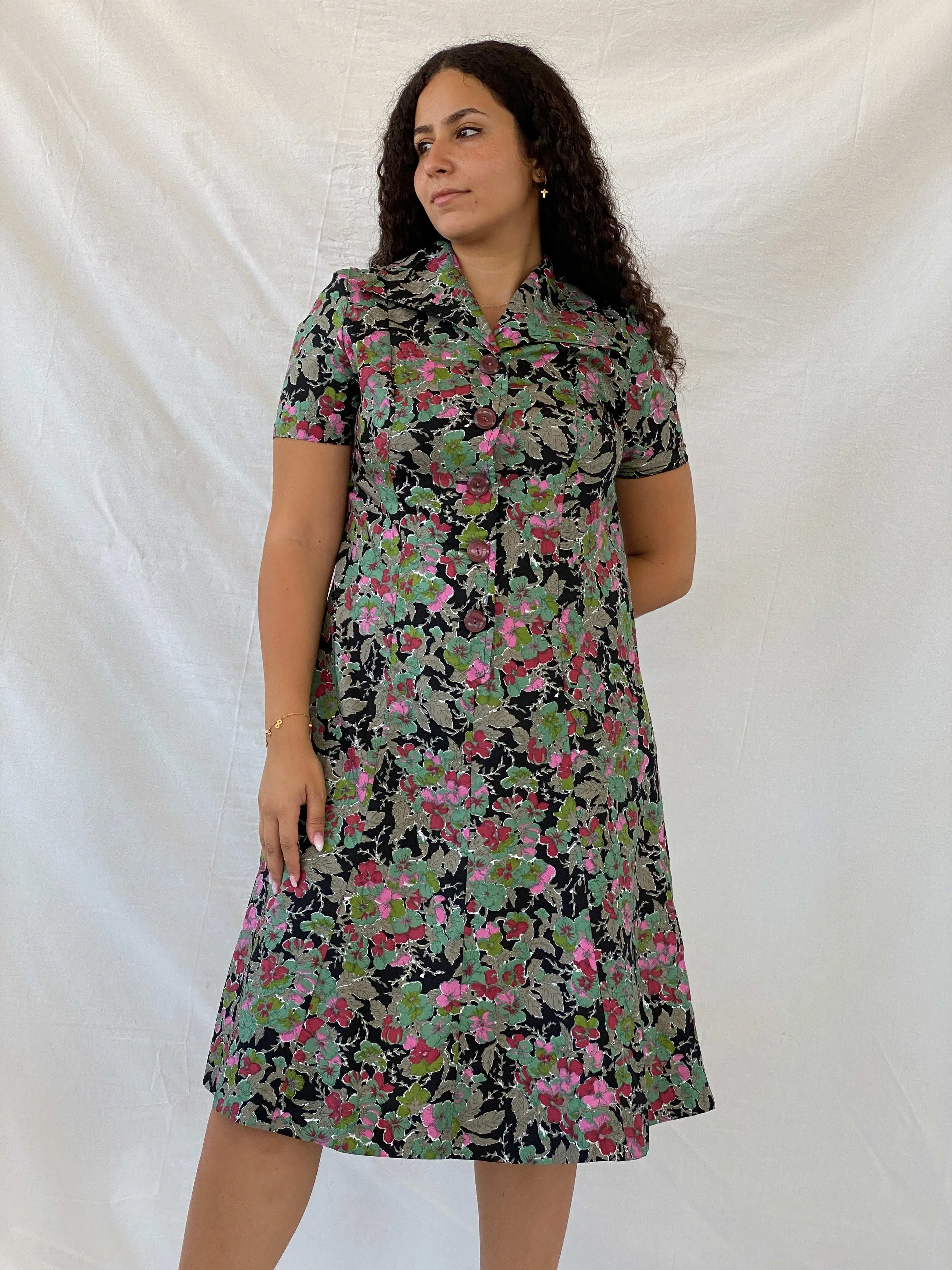 Vintage Handmade Floral Picnic Black and Green Midi Dress - L