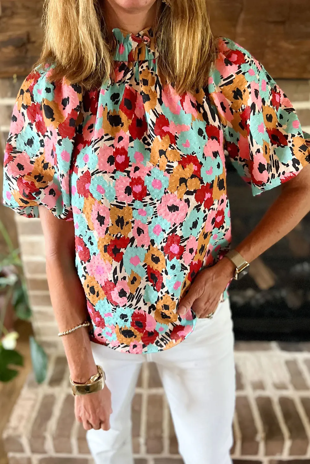 White Frilled Floral Print Puff Sleeve Mock Neck Blouse