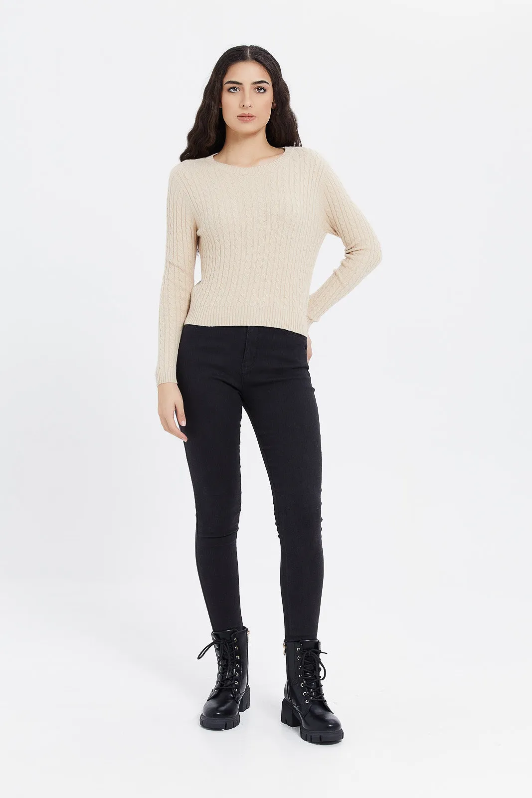 Women Beige Knitted Pullover