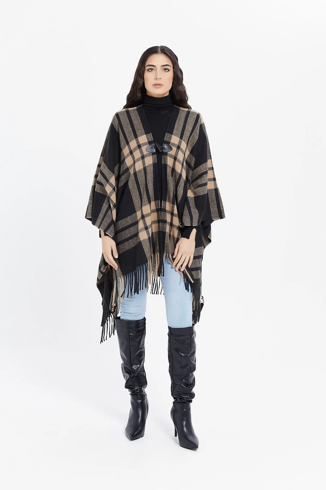 Women Black And Beige Poncho Cardigan