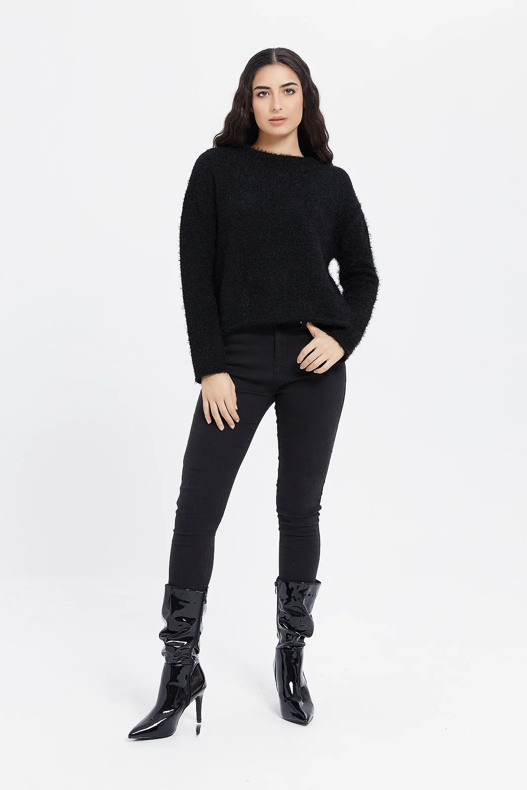 Women Black Fluffy Pullover