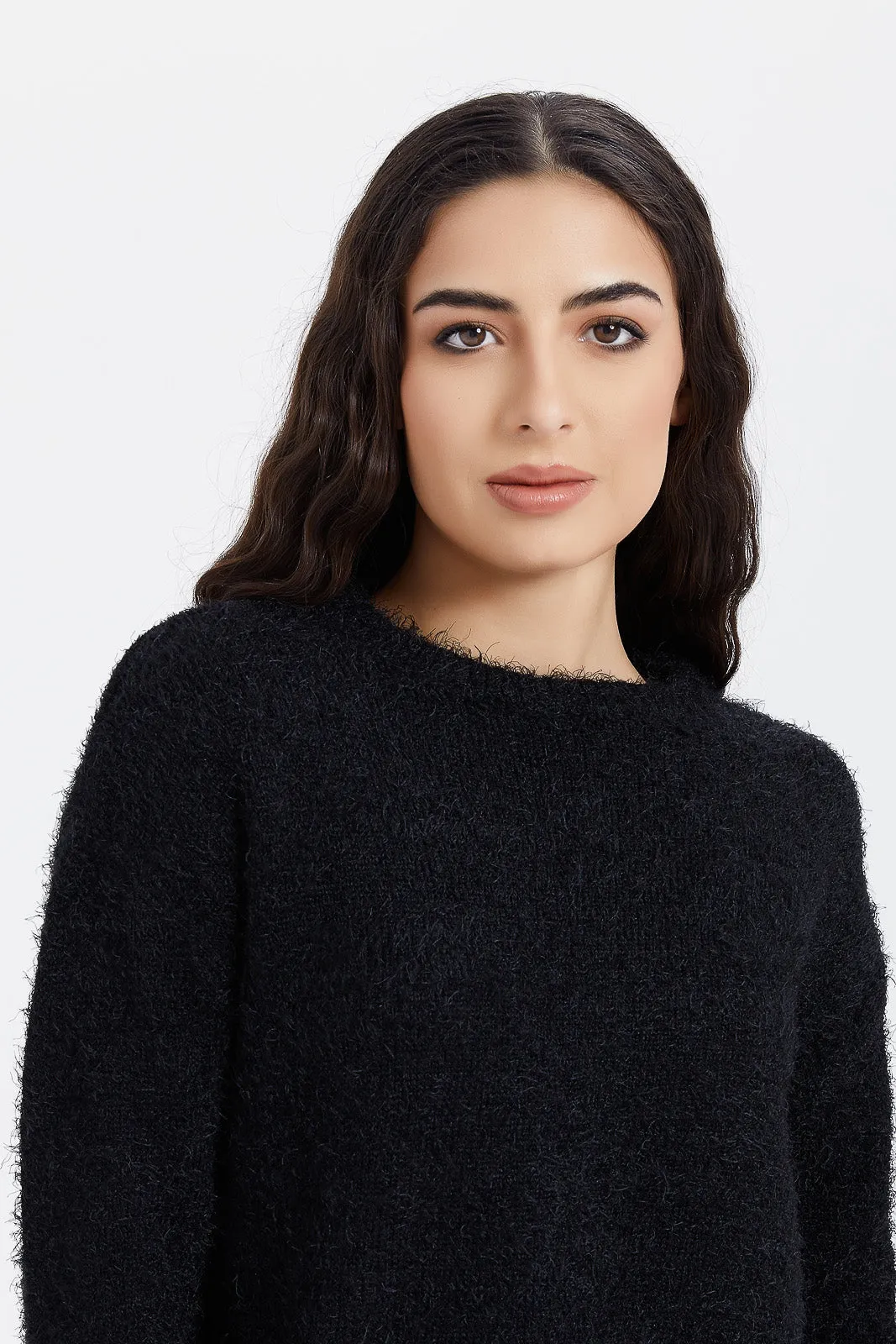 Women Black Fluffy Pullover