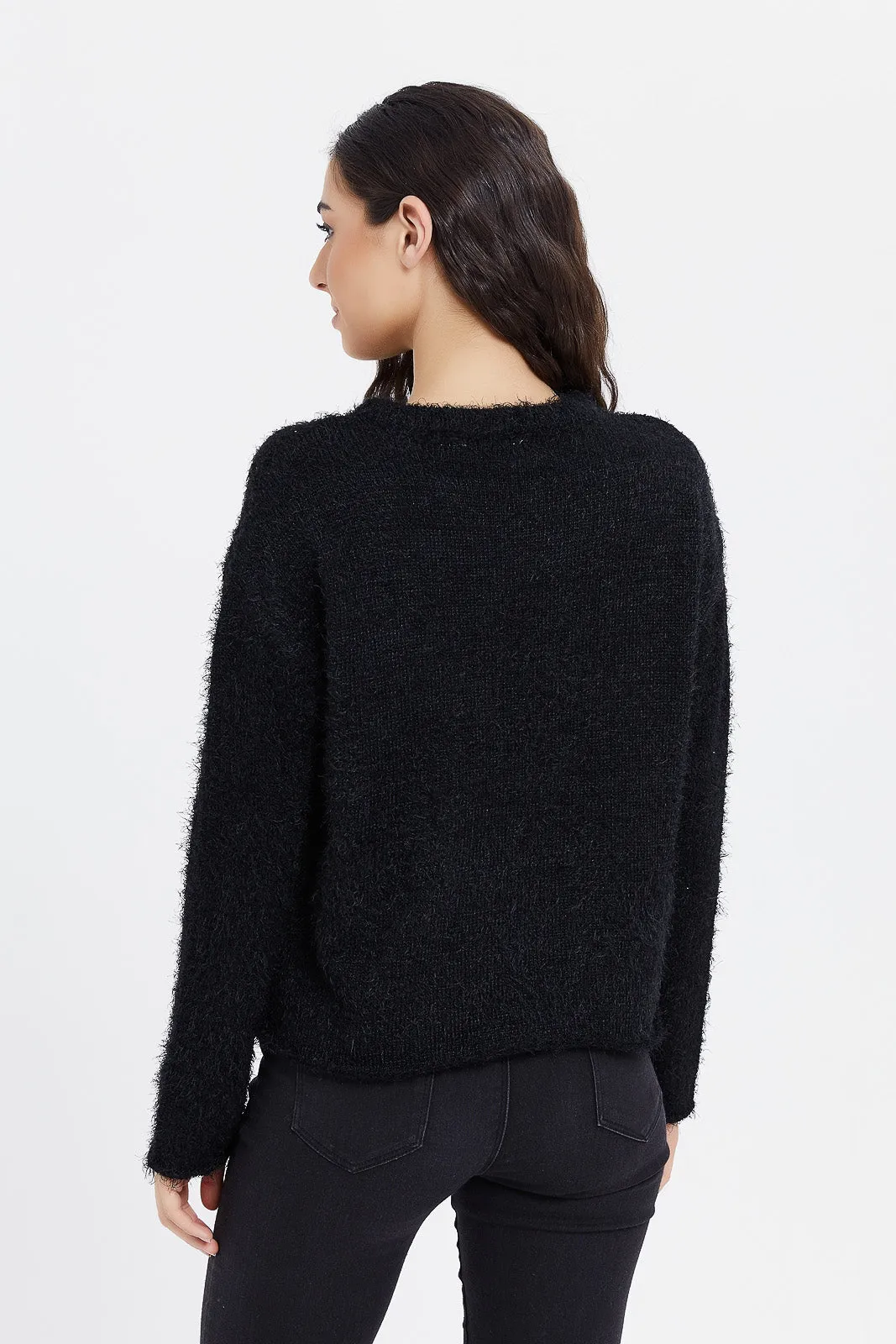 Women Black Fluffy Pullover