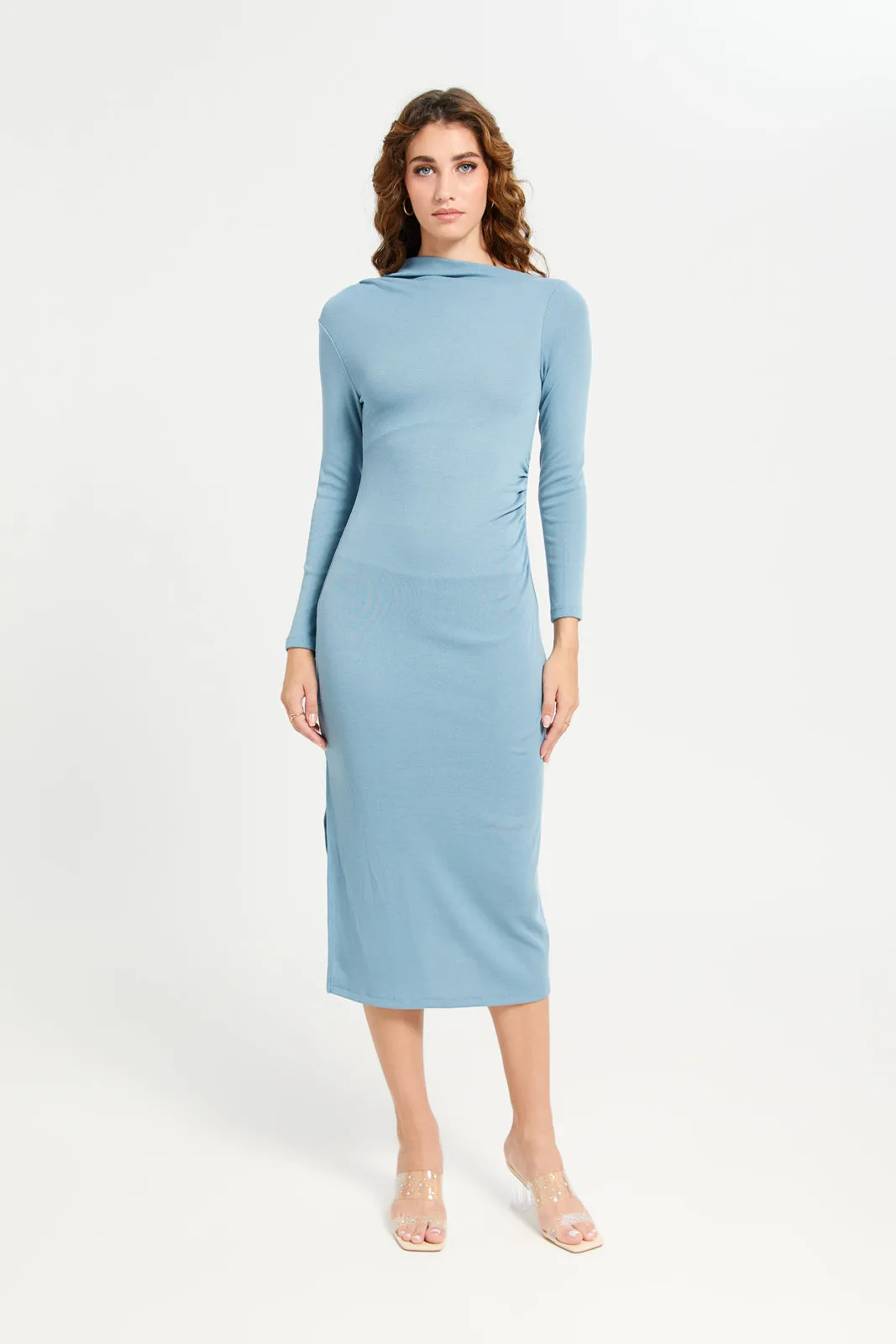 Women Blue Long Sleeve Plain Body Cone Dress