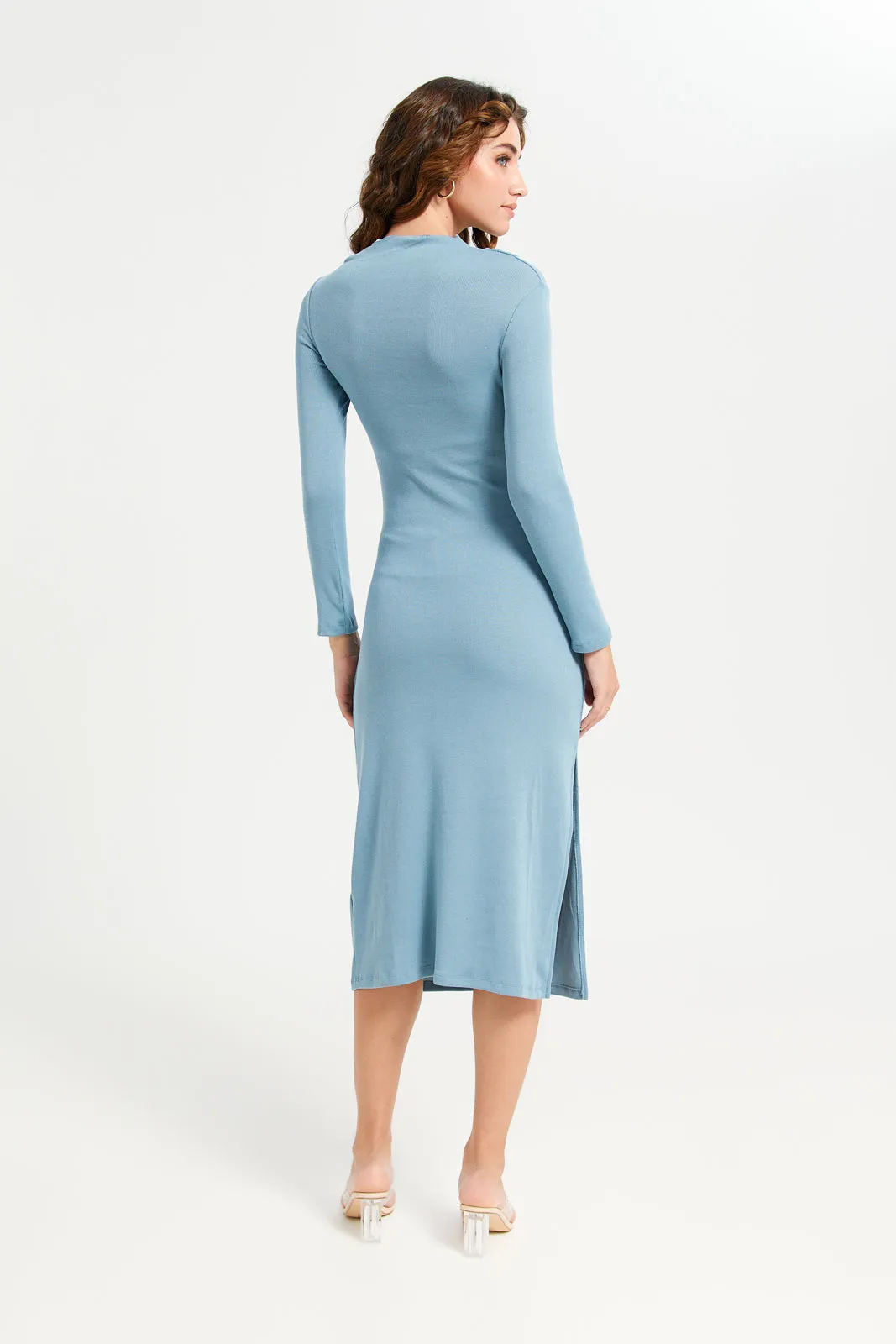 Women Blue Long Sleeve Plain Body Cone Dress