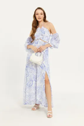 Women Blue Off Shoulder Printed Long Dress