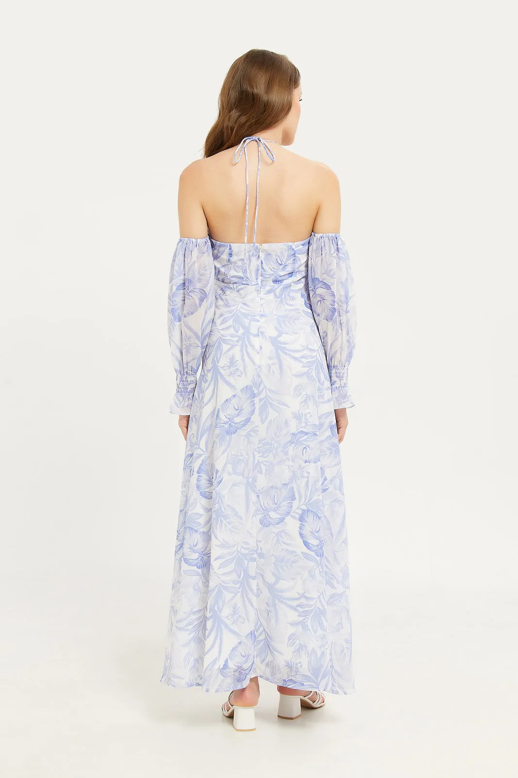 Women Blue Off Shoulder Printed Long Dress