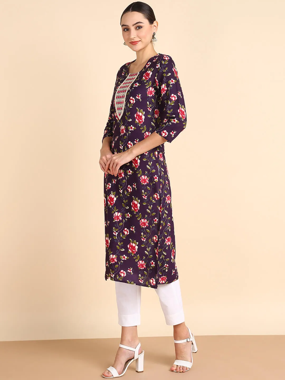 Women Embroidered Printed Rayon Straight Kurta