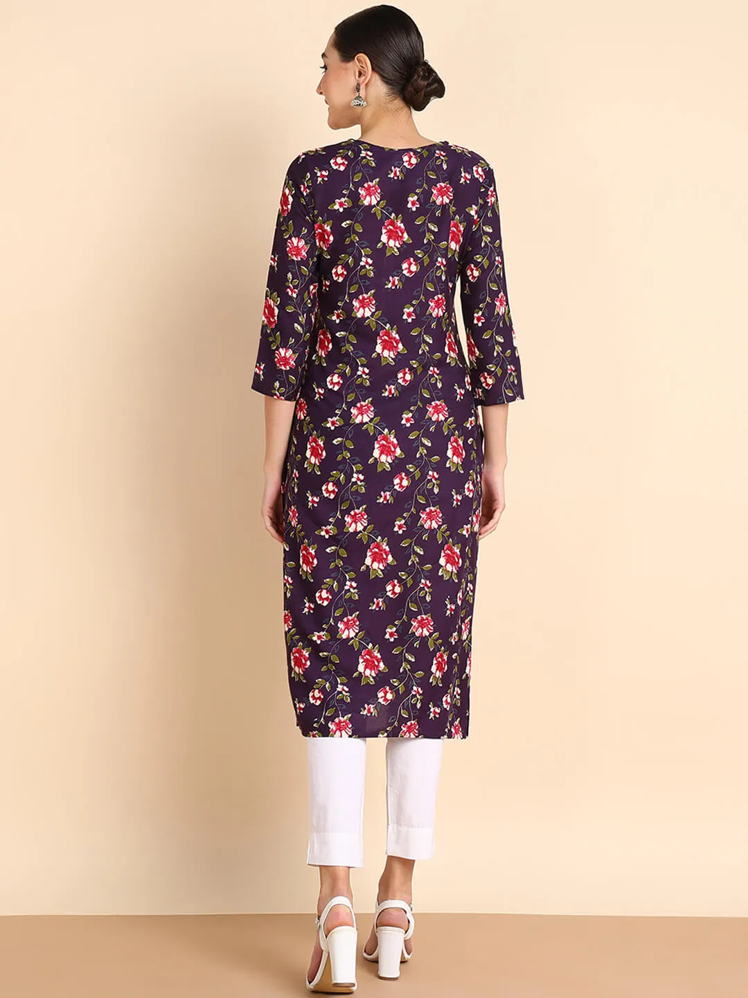 Women Embroidered Printed Rayon Straight Kurta