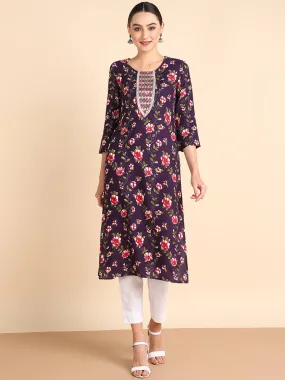 Women Embroidered Printed Rayon Straight Kurta