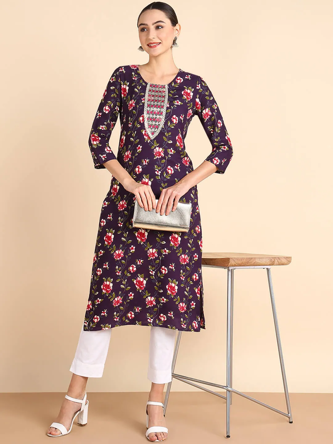 Women Embroidered Printed Rayon Straight Kurta