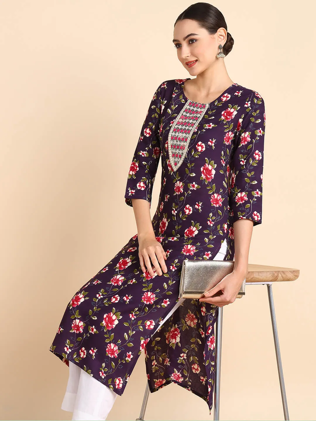 Women Embroidered Printed Rayon Straight Kurta