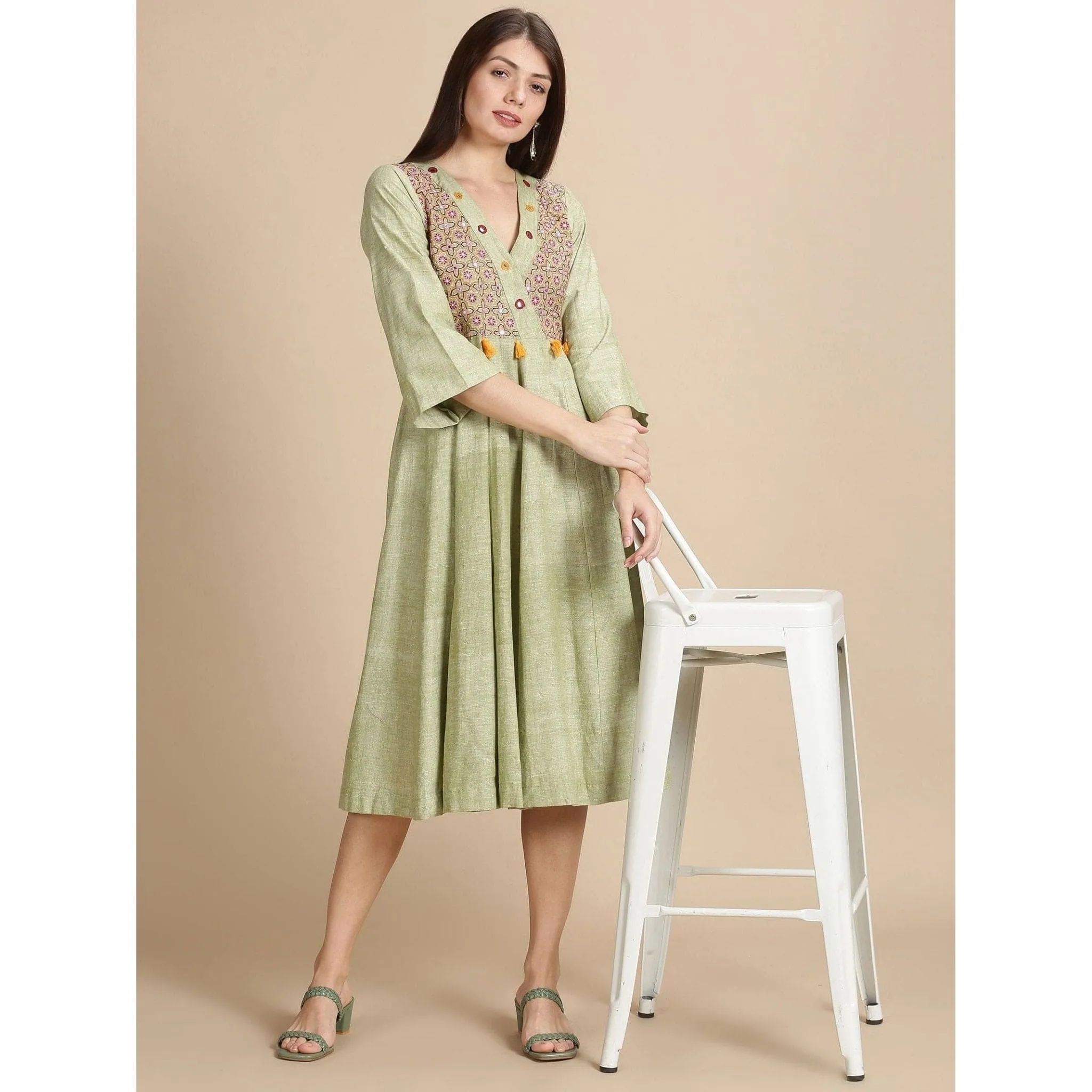 Women green Embroidered Dress