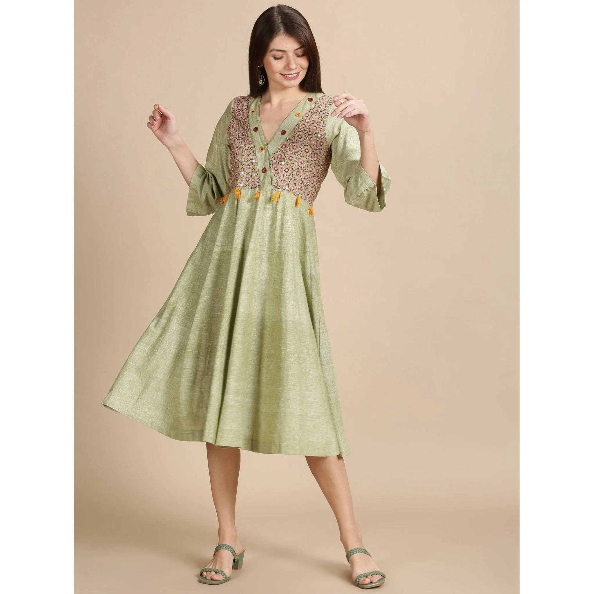 Women green Embroidered Dress