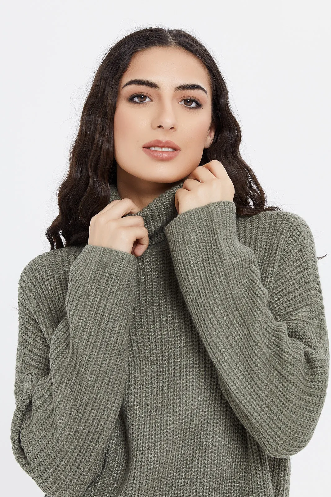 Women Olive Knitted Turtle Neck Pullover