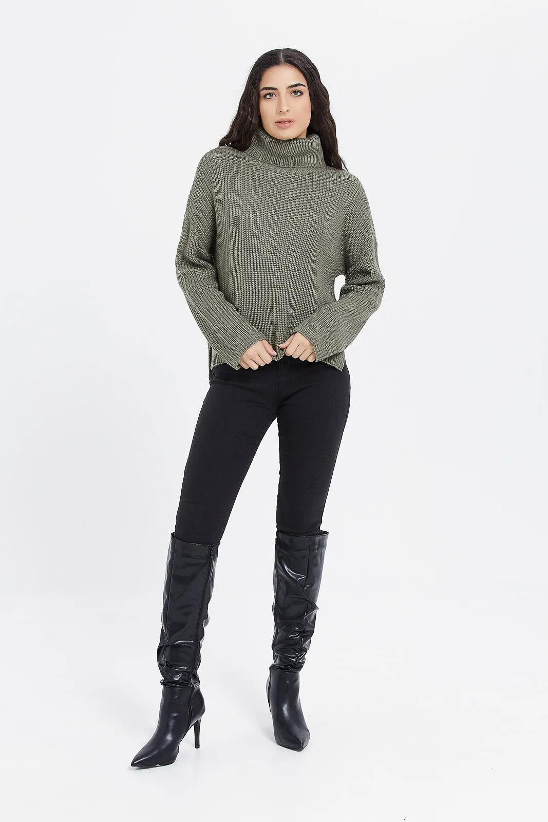 Women Olive Knitted Turtle Neck Pullover