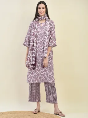 Women Poly Viscose Lilac Floral Print Kurta Comfort Pant Dupatta