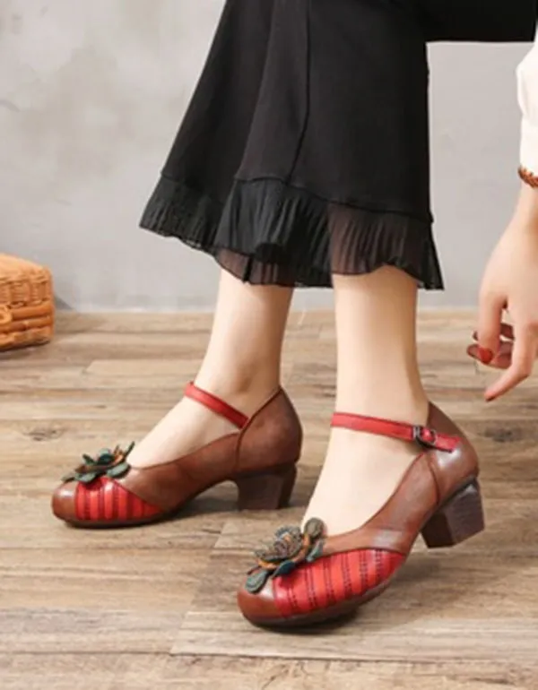 Women Retro Chunky Heels Red Pumps