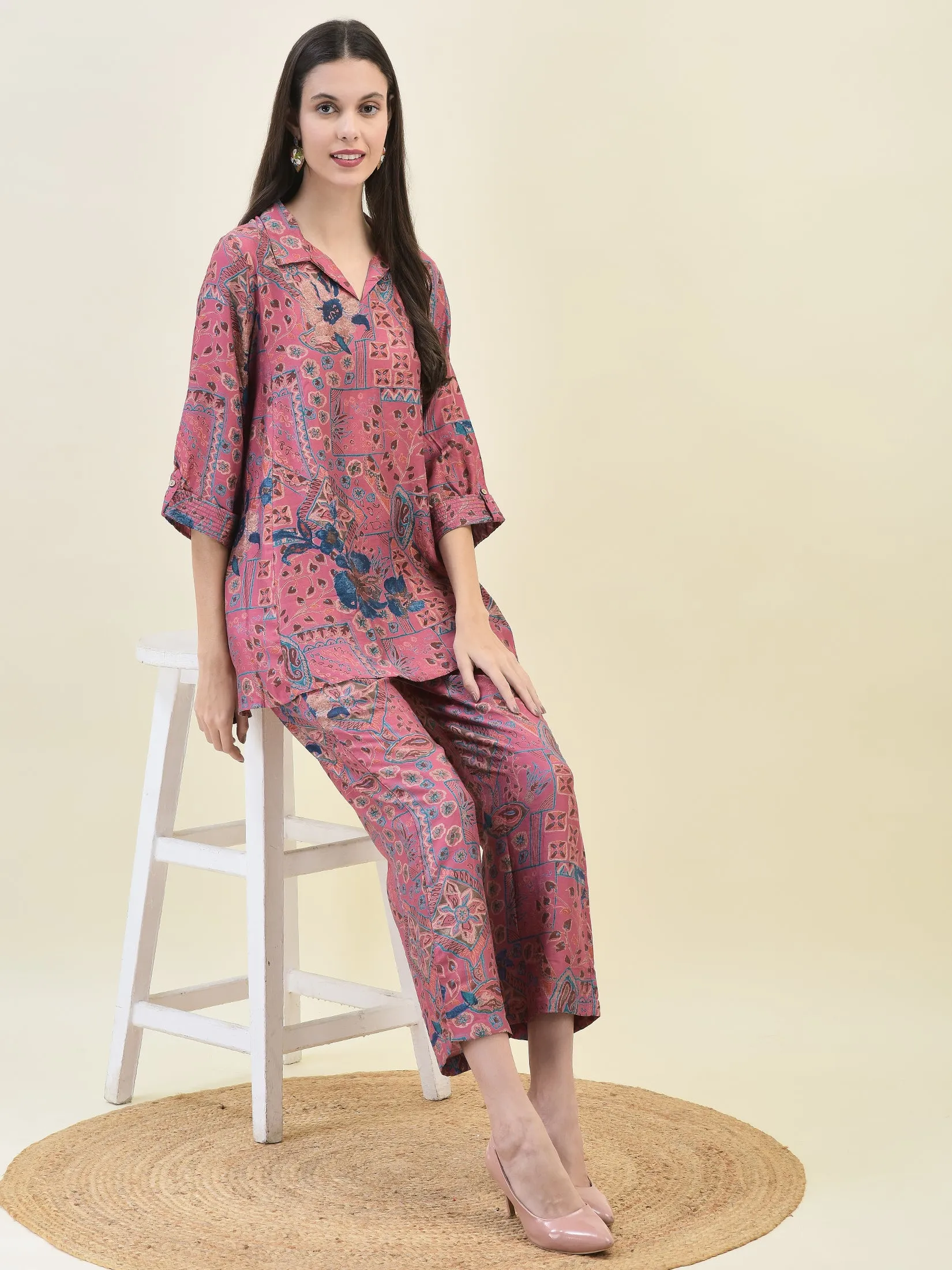 Women Viscose Pink Floral Print Co-Ord Set