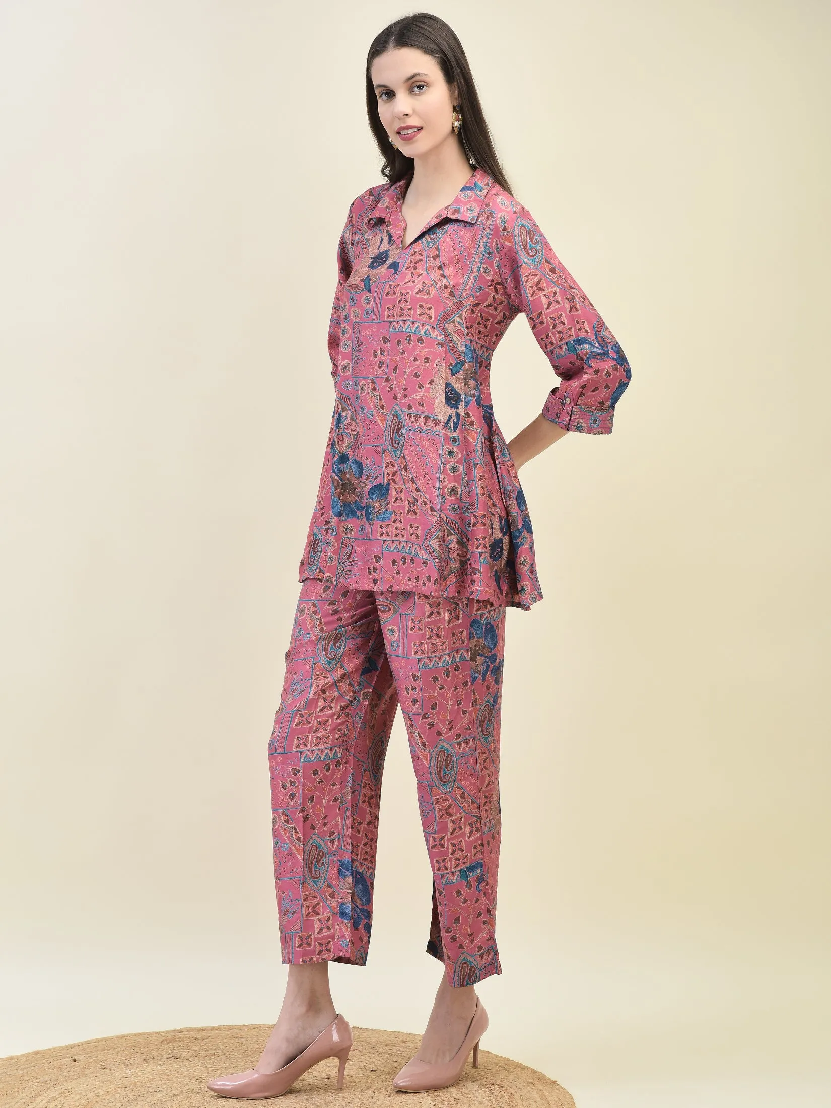 Women Viscose Pink Floral Print Co-Ord Set