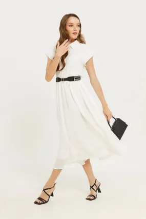 Women White Belted Dress