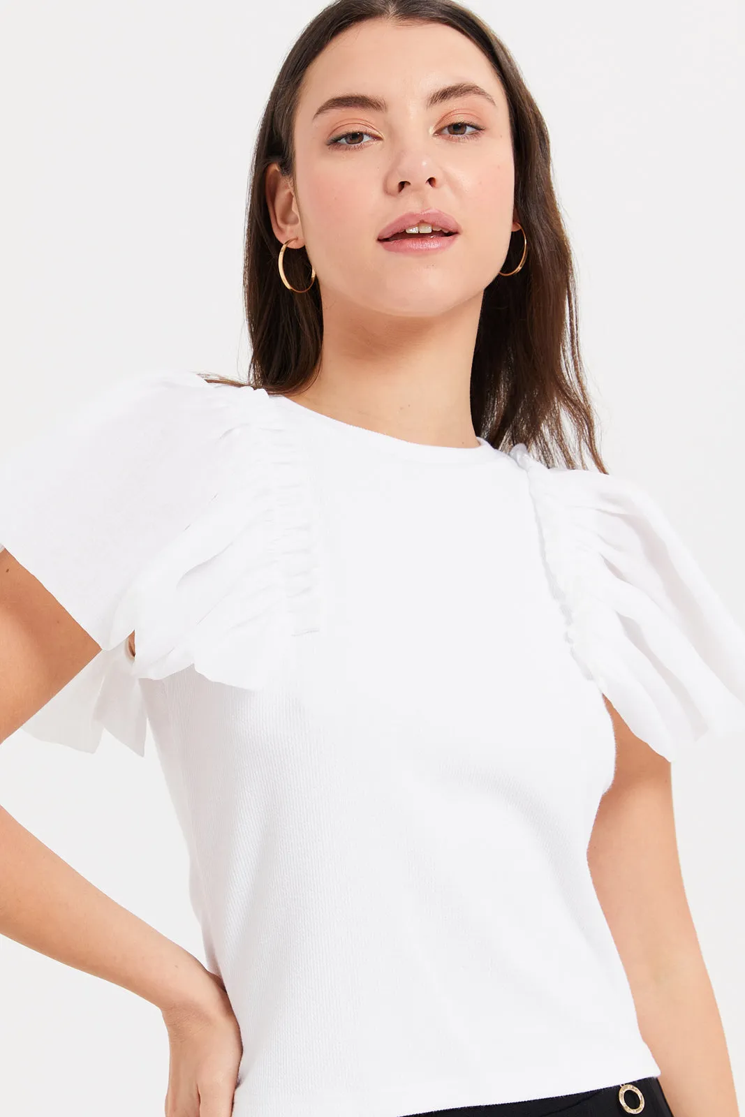 Women White Ruffled Organza Sleeve Top