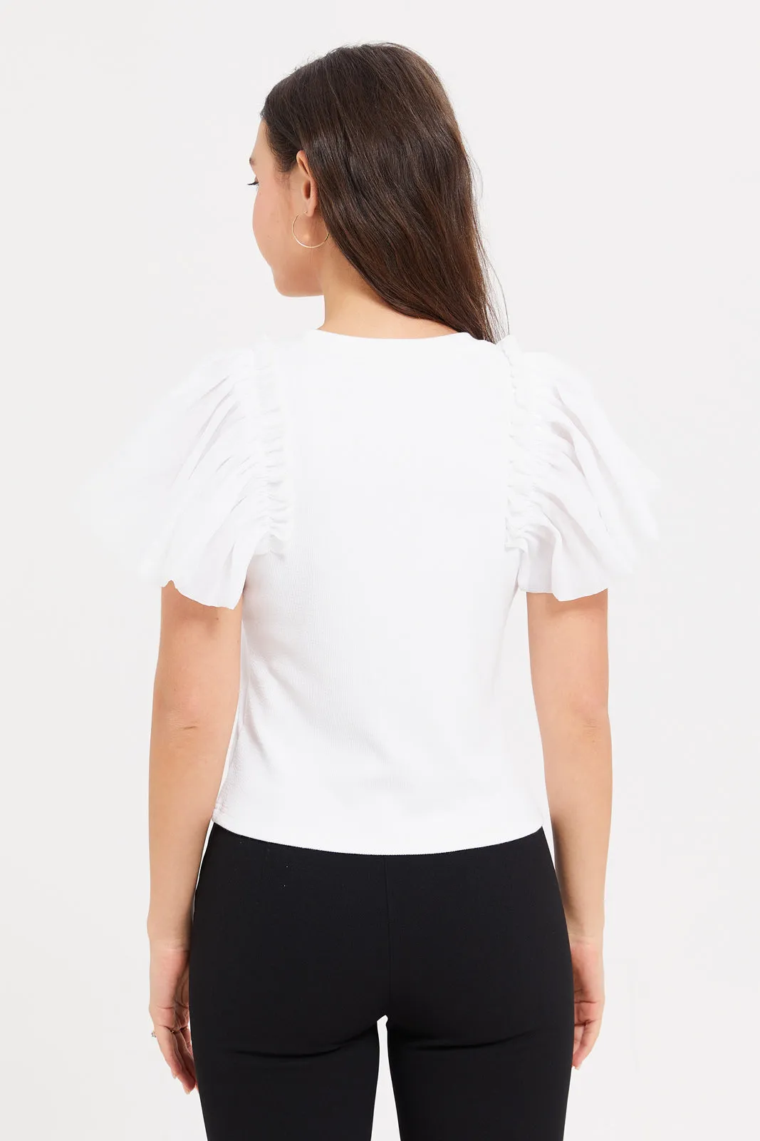 Women White Ruffled Organza Sleeve Top