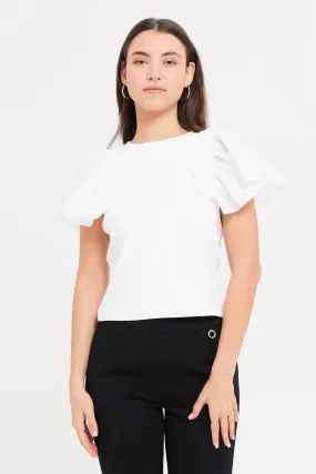 Women White Ruffled Organza Sleeve Top