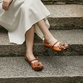 Women's Handmade Flower Leather Flats  Slip Ons in Coffee/Brown/Green