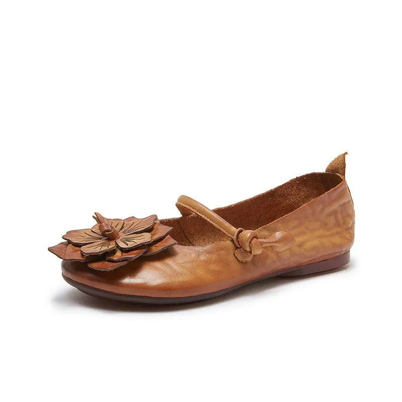 Women's Handmade Flower Leather Flats  Slip Ons in Coffee/Brown/Green