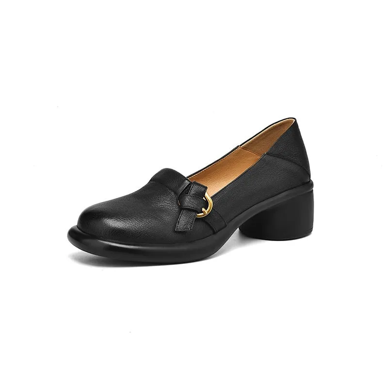 Women's Handmade Retro Round-Toe Block-Heel Pumps in Black/Brown