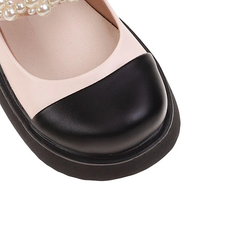 Women's Lolita Color Block Round Toe Pearls Beading Ankle Strap Platform Flats