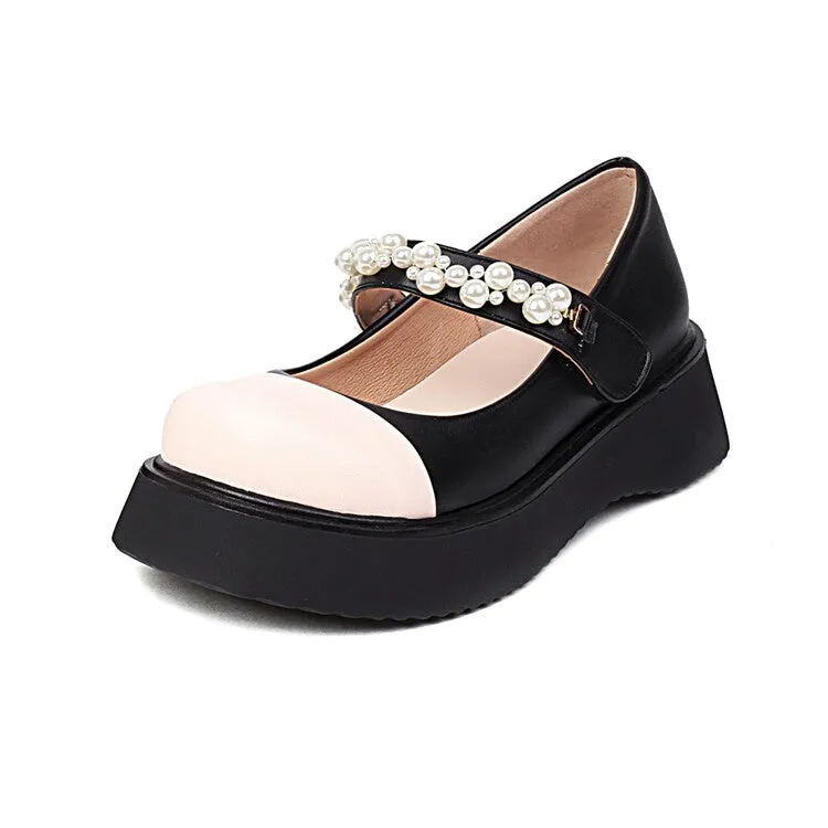 Women's Lolita Color Block Round Toe Pearls Beading Ankle Strap Platform Flats