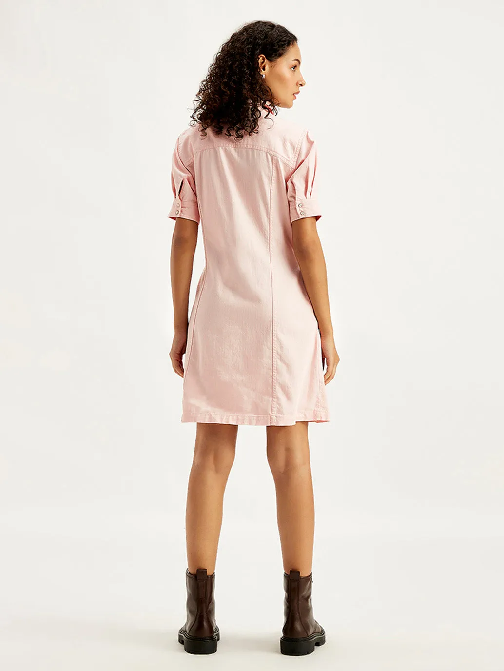 Women's Solid Light Pink Spread Collar Shirt Dress