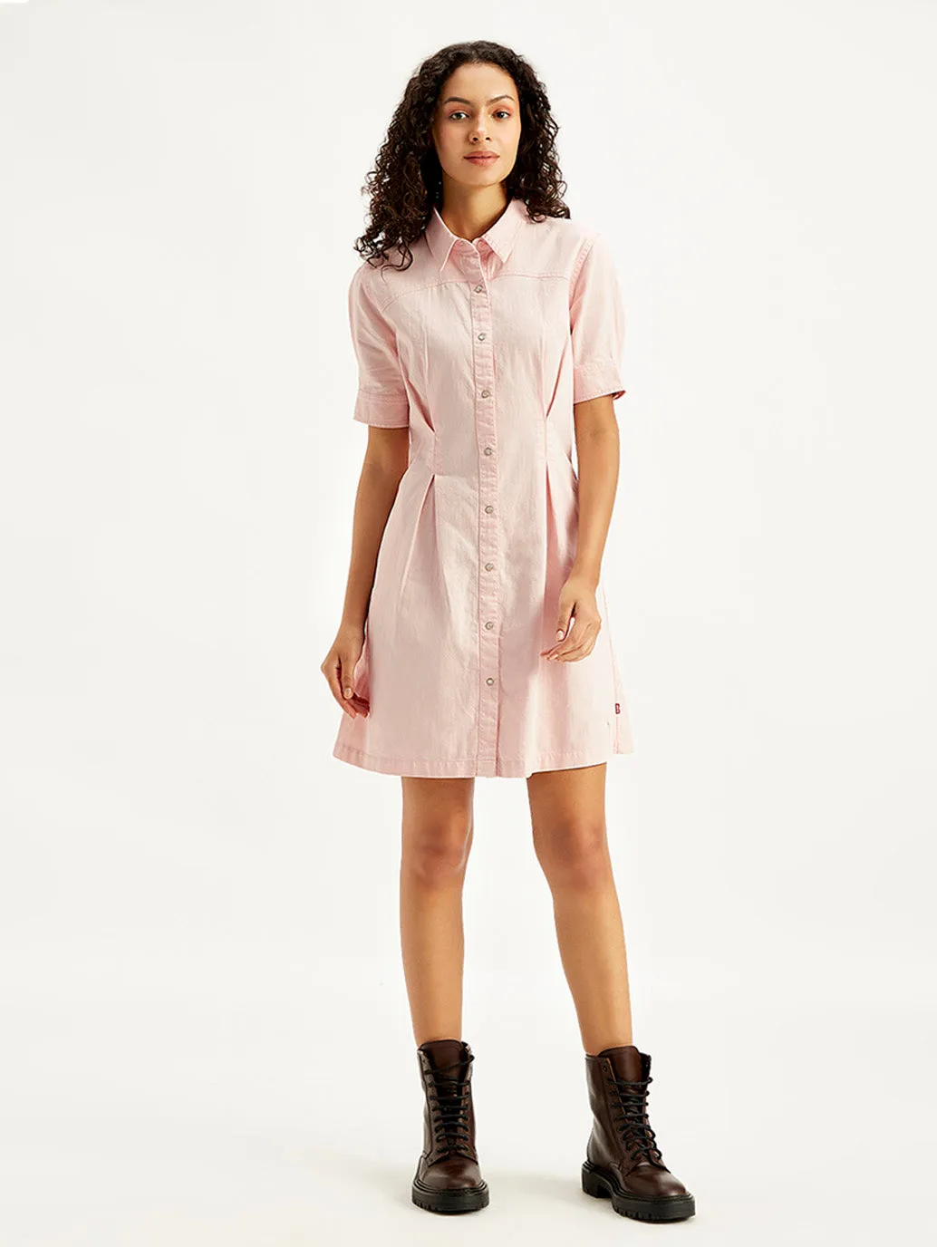 Women's Solid Light Pink Spread Collar Shirt Dress