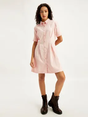 Women's Solid Light Pink Spread Collar Shirt Dress